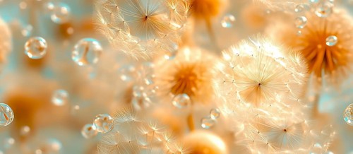 Golden dandelion seeds with sparkling droplets and a bokeh effect, creating a light and airy