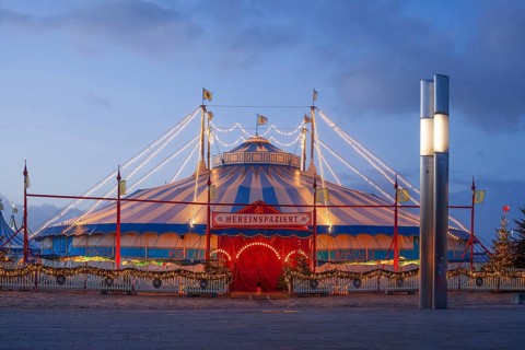Circus Roncalli with Christmas lights at dusk on the Bürgerweide, Bremen, Germany