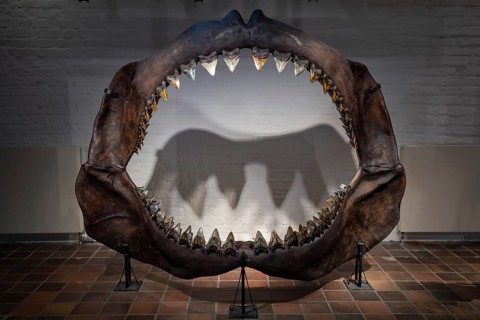 Megalodon (Otodus megalodon), teeth, specimen, extinct, exhibition, Otodus megalodonGerman