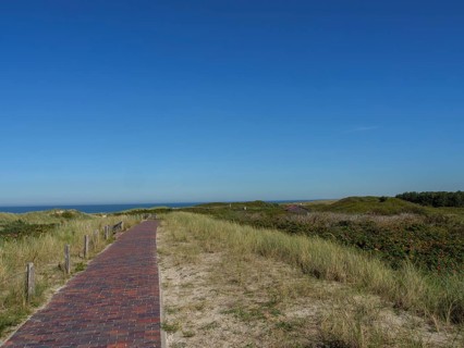 A cobbled path leads through the dune landscape with grassy vegetation under a sunny, blue sky,