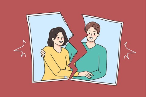 Torn picture of smiling couple show end of romantic relationship. Concept of breakup and divorce.