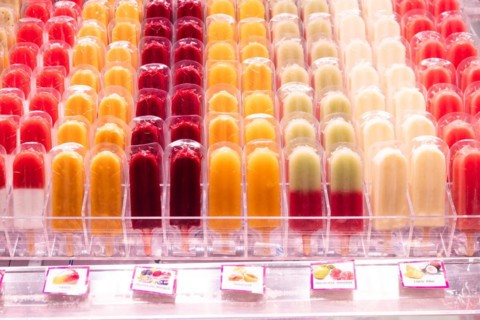 Several rows of ice lollies, Mercat de la Boqueria, famous market on the Ramblas in Barcelona,