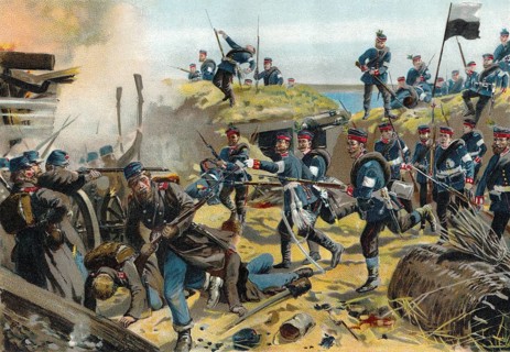 The Battle of Dybbøl, a battle of the Second Schleswig War on the morning of 18 April 1864,