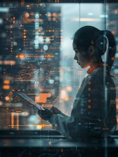 A woman interacts with futuristic holographic technology in a corporate setting, AI technology, AI
