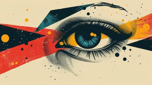 Single eye depicted in abstract style using geometric shapes and an array of bold colors creating a