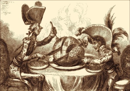 The Plumb-pudding in danger, James Gillray, 1805, Pitt and Napoleon dividing the world between them