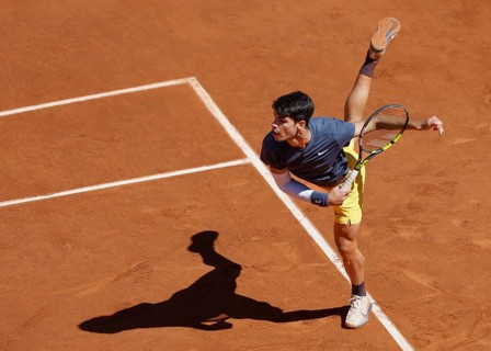 Spanish tennis player Carlos Alcaraz in action at the French Open, Roland Garros, Paris, France.