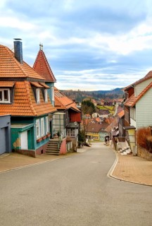 Empty cobbled street in the old town centre of St. Andreasberg, Harz Mountains, Germany