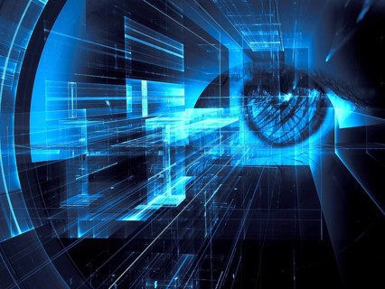 Human eye and. futuristic tunnel or portal - abstract collage. Artificial intelligence or data