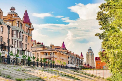 Kiev Ukraine, July 118, 2011: view of residential buildings in Obolonska Naberezhna, in the Obolon