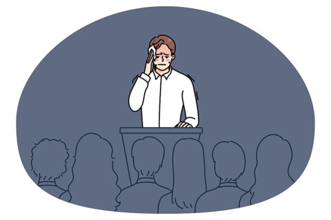 Nervous man feel stressed speaking in front of public. Anxious worried male speaker sweat with pain