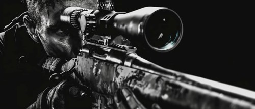 Close-up black-and-white image of a sniper aiming a rifle with an intense look in a dark setting,