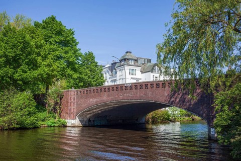 Krugkoppel Bridge on the Outer Alster in spring, Hamburg, Germany