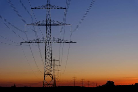 Power line, overhead line, power line, silhouette, sunset, Federal Republic of Germany