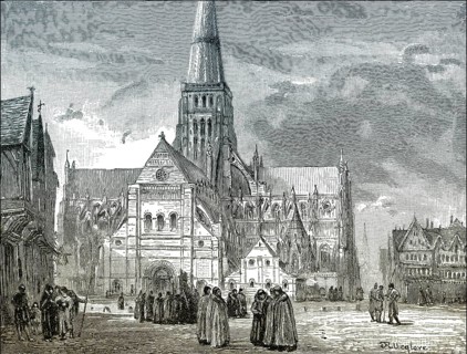 Depiction of the 14th Century predecessor of St Paul's Cathedral, a cathedral in London, England,