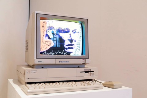 Venaria Reale, Italy, October 2022: Computer Commodore Amiga 1000 with floppy disk, mouse, beige