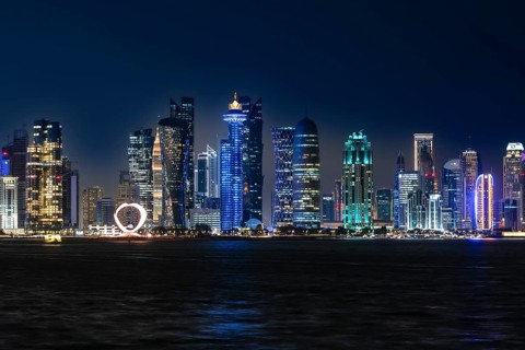 Skyline, skyscrapers, evening light, sunset, Doha, Qatar, Orient, Middle East