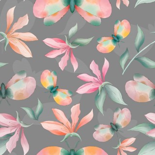 Magnolia flowers and moths on grey background watercolor painting, seamless repeat pattern