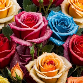 Vibrant roses in various colors including red, orange, blue, and pink with water droplets on
