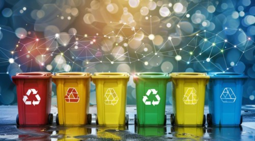 Colorful recycle bins for waste separation with festive bokeh lights, ai generated, AI generated