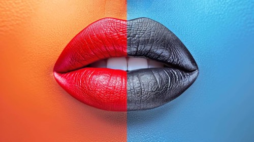 Artistic close-up of vibrant lips with one half red and the other half black against a two-toned
