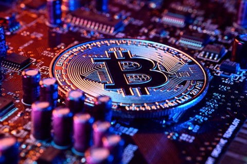 Bitcoin coin on a computer board