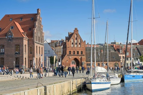 Quay, sailing ships, old harbour, on the left the old customs house, behind the water gate, Wismar,