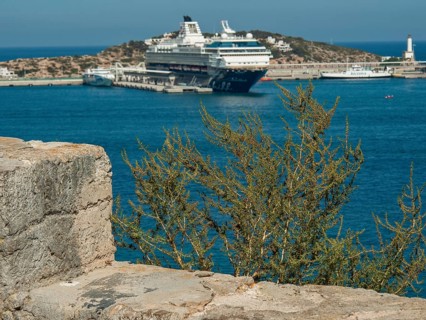 Large cruise ship in harbour with coast and trees under blue sky, ibiza, mediterranean sea, spain