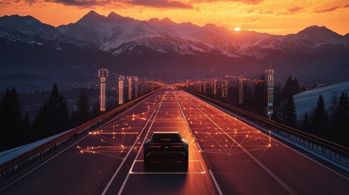 A car drives along a digital grid on a highway with glowing structures at sunset near mountains, AI