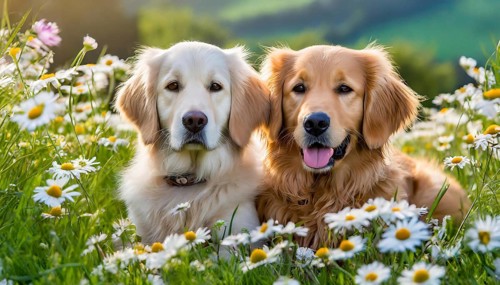 AI generated, Two Golden Retrievers lying in the grass of a flower meadow, couple