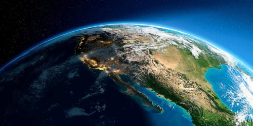 Highly detailed Earth with atmosphere, exaggerated relief and light-flooded cities. Transition from