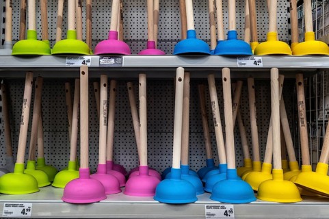 Plunger, pompel or suction bells in the DIY store, Allgäu, Bavaria, Germany