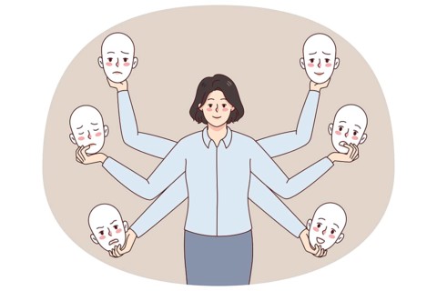 Businesswoman holding different masks choose moods and emotions in office. Woman feel emotional.