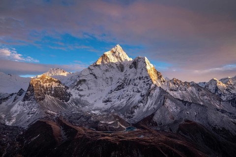 Snow-Capped Ama Dablam Mountain in Nepal at Sunset, Himalaya