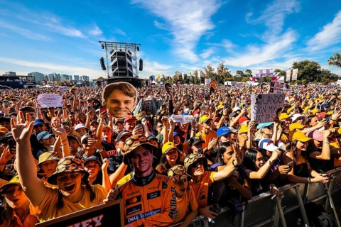 MELBOURNE, AUSTRALIA - MARCH 14: Fans atmosphere at the popular fan forum at the 2025 Australian