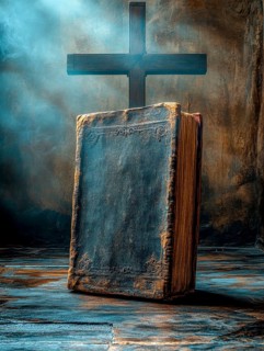 A dusty old book stands upright illuminated by ambient light with a cross in a mysterious, misty