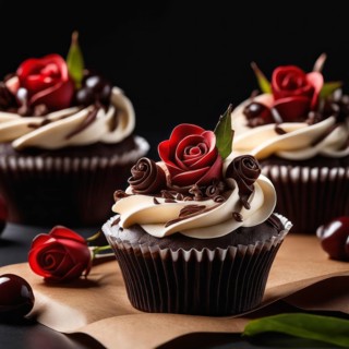 Luxurious chocolate cupcakes with intricate red rose decorations on creamy swirls, Chocolate