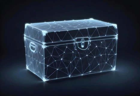 Futuristic glowing treasure chest in neon blue, depicted in digital art, AI generated