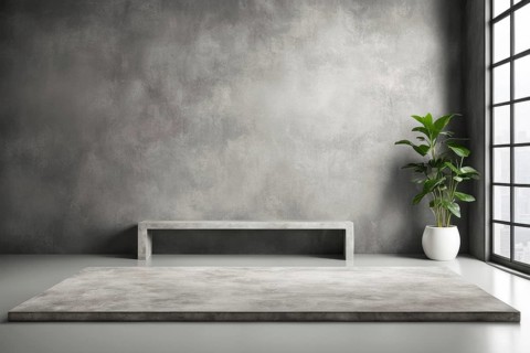 Modern minimalistic interior with concrete walls and floor, featuring a bench and a large plant