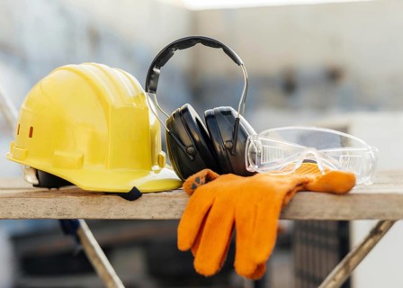 Photo Front view of protective glasses with hard hat and headphones. Resolution and high quality