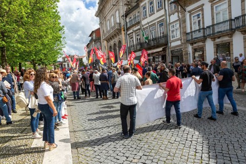 Political rally and march for May Day in city of Guimaraes, Braga district, northern Portugal,