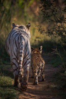 Bengal Tiger (Panthera tigris) white morph mother with cub, captive, Philippolis, South Africa