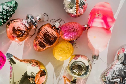Retro style USSR christmas tree baubles on white background with shadows. mid century .