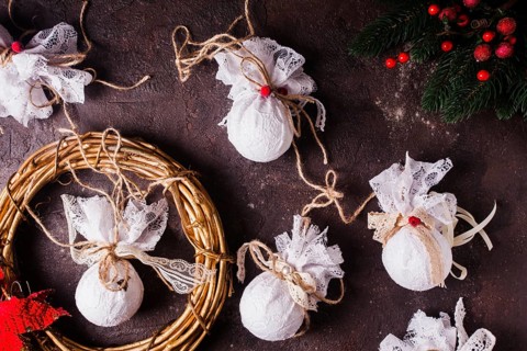 Retro textile Christmas baubles with white lace and rope