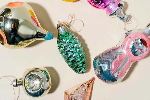 Retro style USSR christmas tree baubles on white background with shadows. mid century .