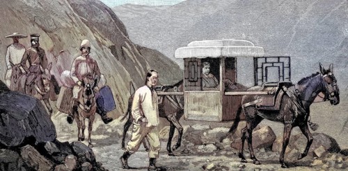 A caravan in Mongolia, a palanquin carried by horses and riders with luggage, Illustration,