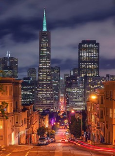 Financial district view by night, San Francisco, California, USA