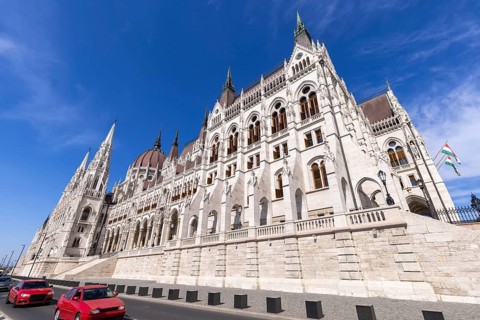 Hungary, panoramic view of the Parliament and Budapest city skyline of historic center