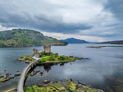 Eilean Donan Castle and Loch Duich from a drone, Isle of Skye, Highlands, Scotland, England, United
