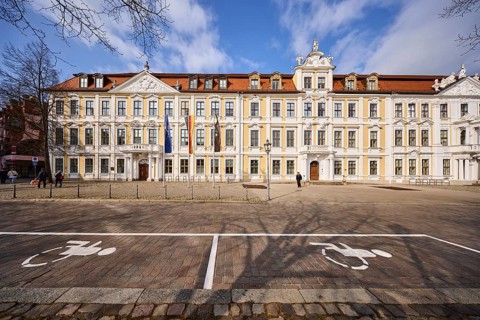 State parliament, historic houses, baroque architectural style, facade, window, disabled parking